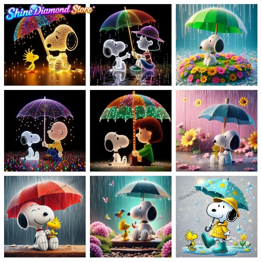 Resin Art Wallpaper - ภาพวาดเพชรแบบเต็มแผ่นลายการ์ตูนสนูปปี้วูดสต็อกในวันฝนตก, งานศิลปะโมเสก 5D แบบ DIY สำหรับผู้ใหญ่,
